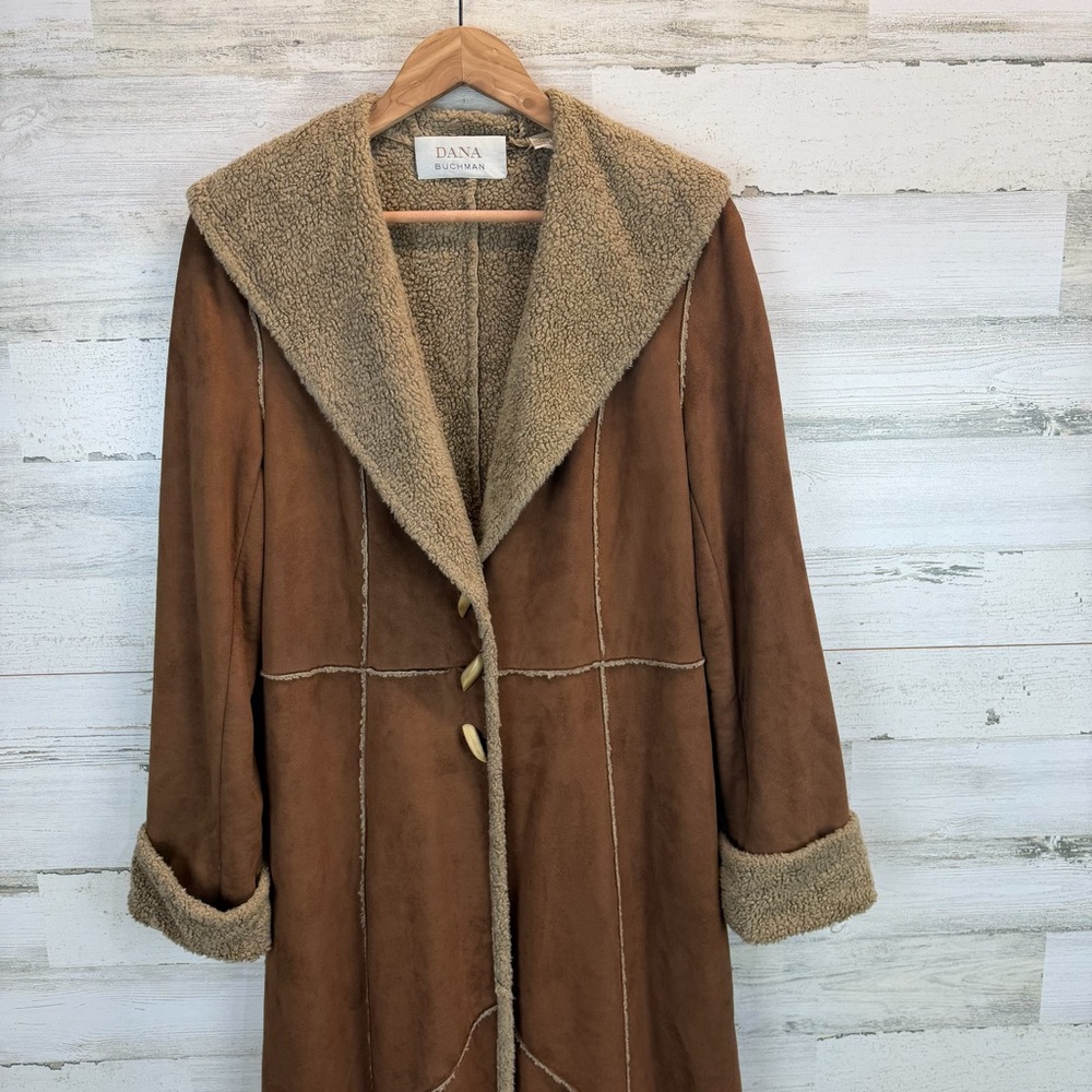 Dana Buchman Shearling Long Coat 10 Boho Rustic Toggle Faux Suede Penny Lane - Picture 5 of 15